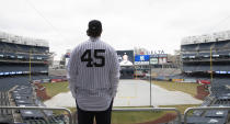 Gerrit Cole poses at Yankee Stadium as the newest New York Yankees player is introduced during a baseball media availability, Wednesday, Dec. 18, 2019 in New York. The pitcher agreed to a 9-year $324 million contract. (AP Photo/Mark Lennihan)