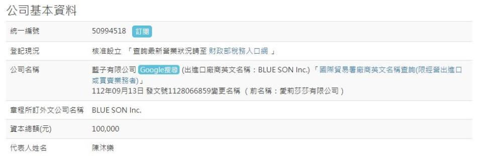 愛莉莎莎公司負責人為陳沐樂。（圖／翻攝自經濟部查詢系統）