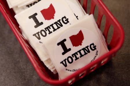 FILE PHOTO: Voting stickers are seen at the Franklin County Board of Elections in Columbus, Ohio U.S., October 28, 2016. REUTERS/Shannon Stapleton
