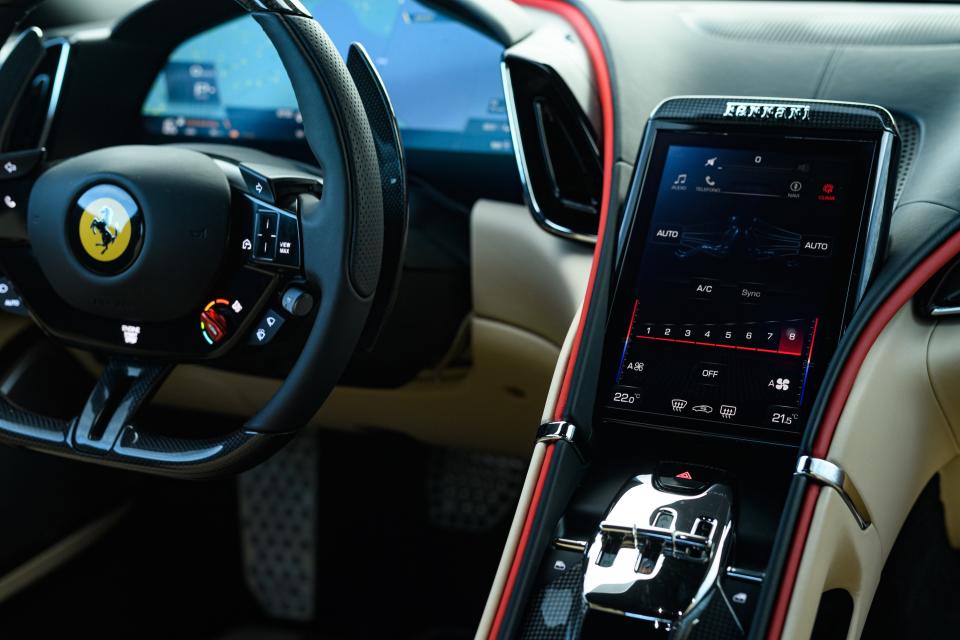 Roma’s contemporary interior includes an LCD screen in the instrument panel that can be adjusted by the driver via capacitive touch sensors on the steering wheel, a shared touch-screen in the center console, and a third touch-screen in front of the passenger.