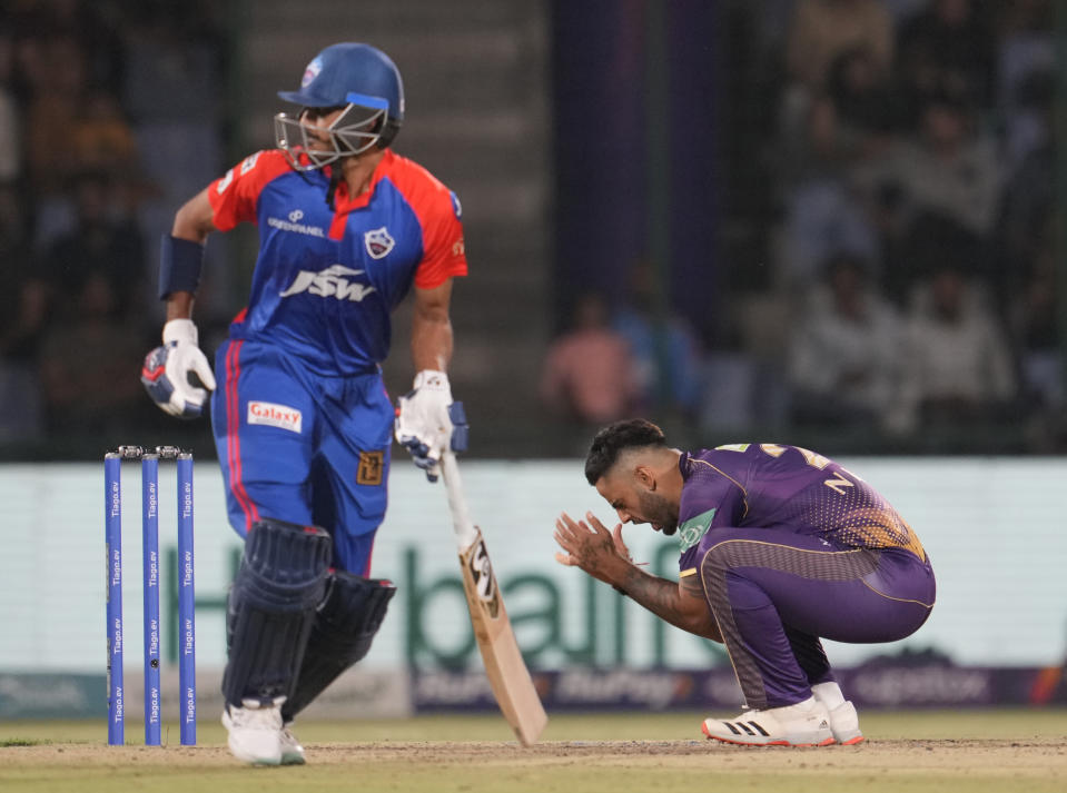 Kolkata Knight Riders' captain Nitish Rana reacts after a catch was dropped of Delhi Capitals' Lalit Yadav during Indian Premier League (IPL) match between Delhi Capitals' and Kolkata Knight Riders, in New Delhi, India, Thursday, April 20, 2023. (AP Photo/Manish Swarup)