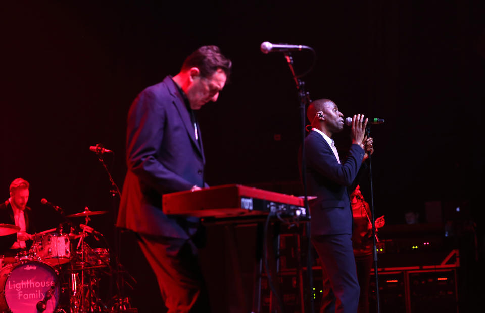 PORTSMOUTH, ENGLAND - FEBRUARY 29: Tunde Baiyewu and Paul Tucker of Lighthouse Family perform at Portsmouth Guildhall on February 29, 2020 in Portsmouth, England. (Photo by Harry Herd/Redferns)