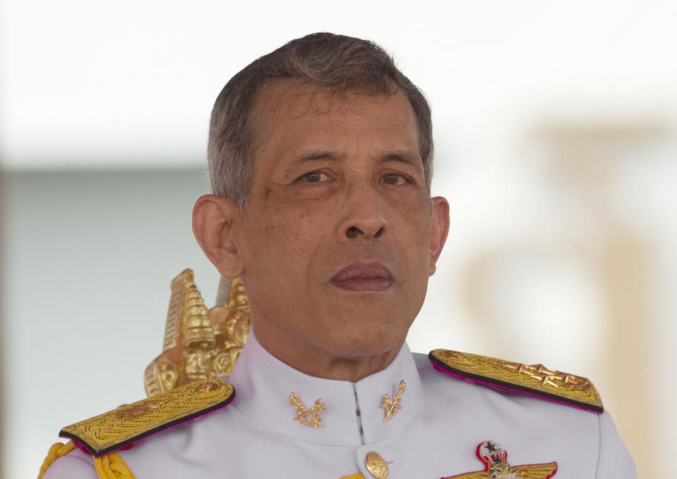 FILE- In this May 12, 2017, file photo, Thailand's King Maha Vajiralongkorn addresses the audience at the royal ceremony in Bangkok, Thailand. Late Friday, Feb. 8, 2019, King Vajiralongkorn issued a decree stating that no member of the royal family should be involved in politics, quashing a bid by his older sister to run for prime minister in next month's elections. (AP Photo/Sakchai Lalit, File)
