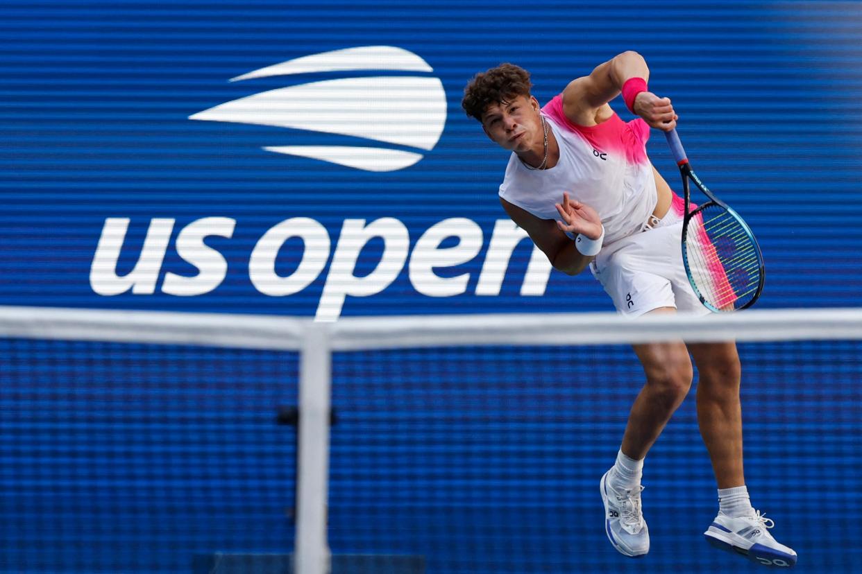 Ben Shelton serves during the 2023 US Open.