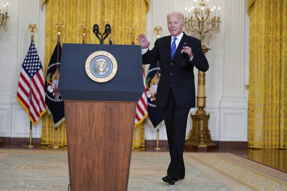 President Joe Biden arrives to speak on efforts to address global supply chain bottlenecks during an event in the East Room of the White House, Wednesday, Oct. 13, 2021, in Washington. (AP Photo/Evan Vucci)
