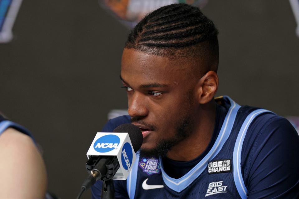 Villanova Wildcats guard Bryan Antoine (1) talks to media during a press conference before the 2022 NCAA men's basketball tournament Final Four