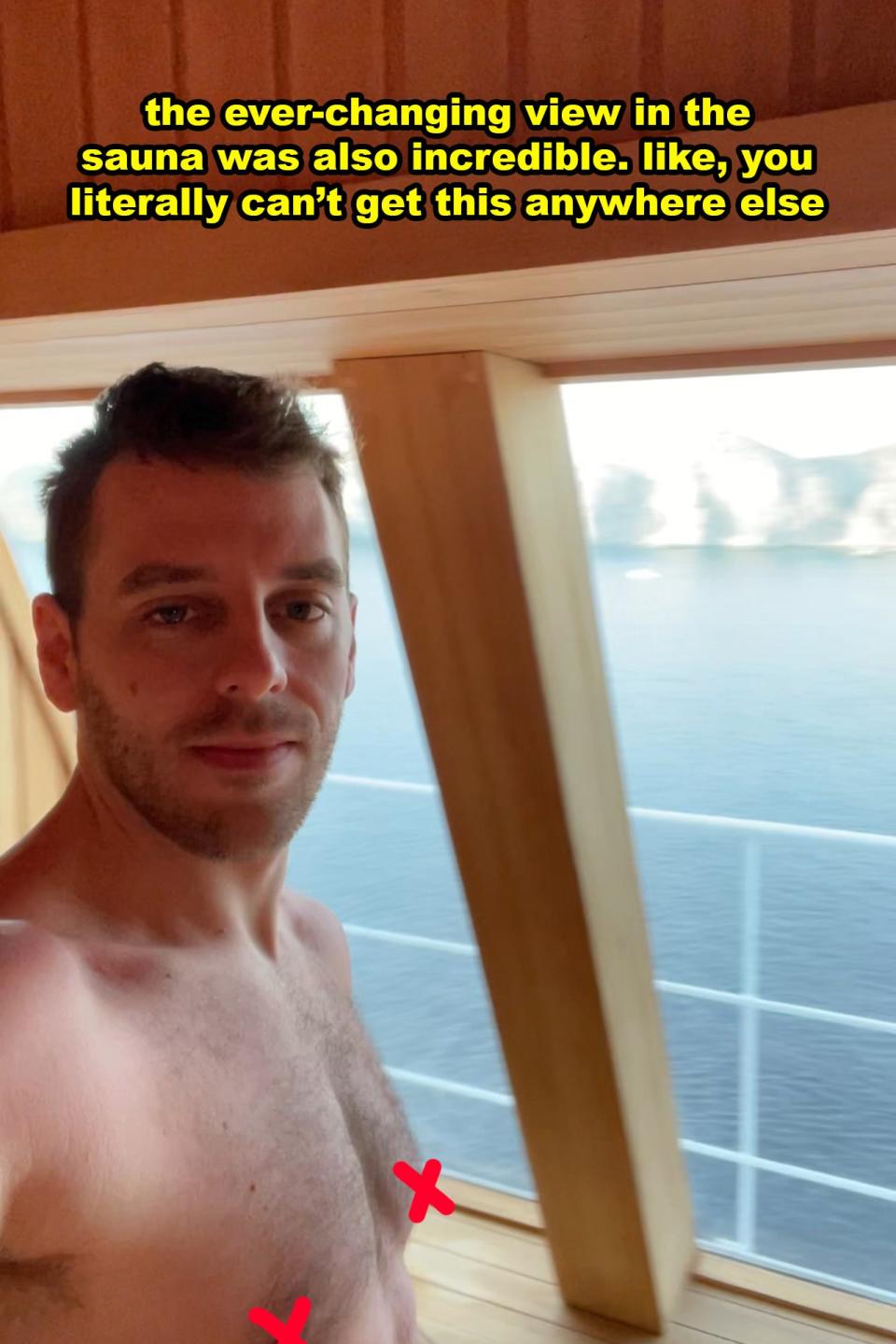 Man smiling in a sauna, with a text overlay expressing appreciation for the view
