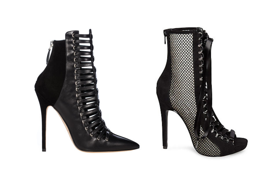 <p>Brian Atwood for Victoria’s Secret “Punk Angel” lace-up booties, left, and Steve Madden mesh booties, <a rel="nofollow noopener" href="https://www.stevemadden.com/product/FUEGO-M/247259.uts?selectedColor=BLACK" target="_blank" data-ylk="slk:$79.98 Steve Madden;elm:context_link;itc:0;sec:content-canvas" class="link ">$79.98 Steve Madden</a> (Photo: Victoria’s Secret/Steve Madden) </p>