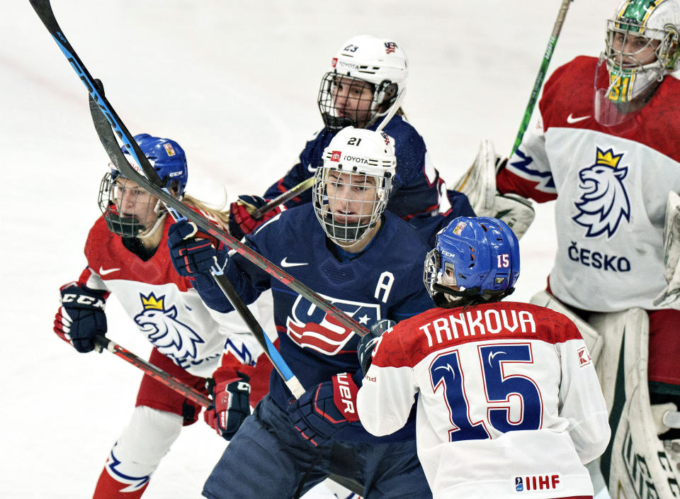 Hilary Knight of the USA, centre, in action, during the IIHF World Championship Women's hockey semi-final match between USA and the Czech Republic, in Herning, Denmark, Saturday, Sept. 3, 2022. (Henning Bagger/Ritzau Scanpix via AP)