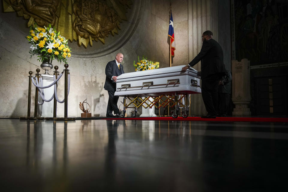 The casket of former U.S. Rep. Eddie Bernice Johnson departs the Hall of State in Fair Park after she lied in state on Monday, Jan. 8, 2024, in Dallas. Johnson, a trailblazing North Texas Democrat who served 15 terms in Congress, died at age 89 on Dec. 31. Her funeral will be held Tuesday at Concord Church in Dallas. (Smiley Pool/The Dallas Morning News via AP, Pool)