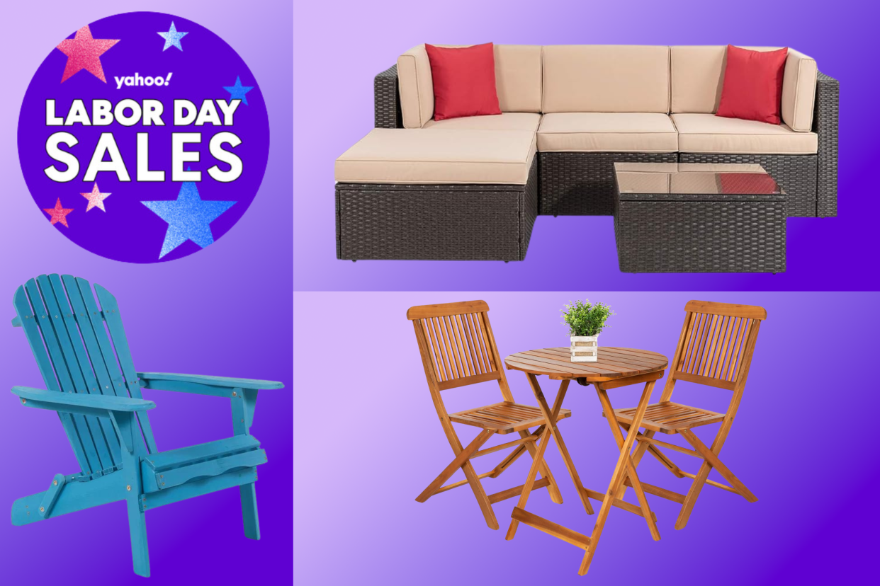 Outdoor sofa set, outdoor bistro set, Adirondack chair and a badge that reads Yahoo! Labor Day Sales