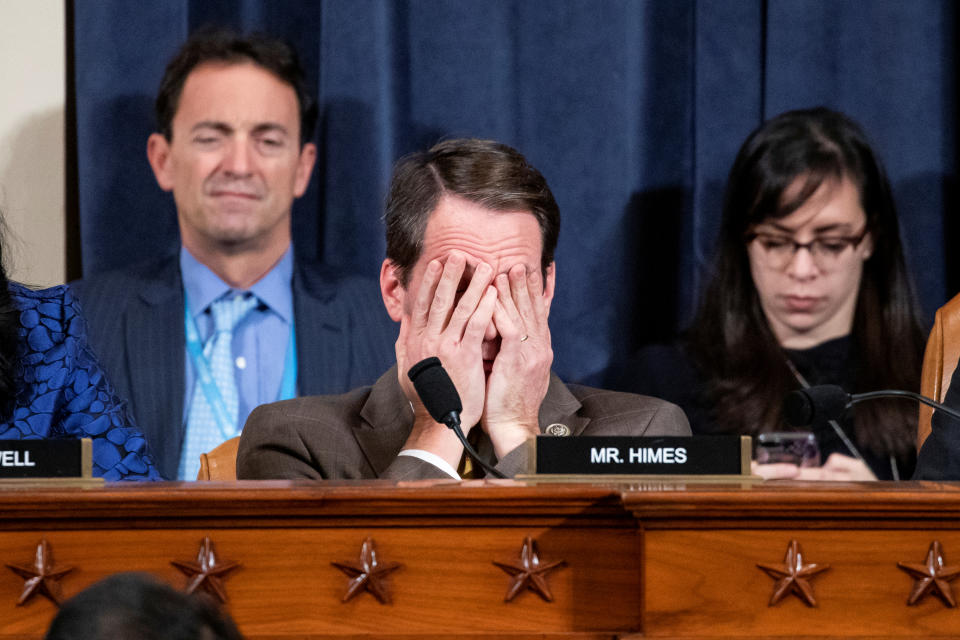 U.S. Rep. Jim Himes (D-CT) rubs his eyes while Gordon Sondland, U.S. Ambassador to the European Union, testifies during a House Intelligence Committee impeachment inquiry hearing on Capitol Hill in Washington, D.C., U.S., November 20, 2019. Samuel Corum/Pool via REUTERS