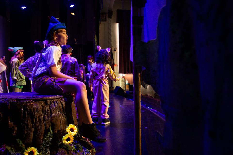 Fifth grade student Jace Roberts, playing Pinocchio in Shrek Jr., sings a number during dress rehearsals at Metro Elementary on Thursday, March, 21, 2024, in Corpus Christi, Texas.