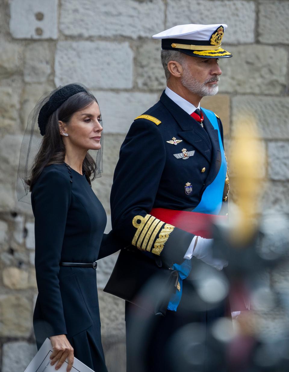 Queen Letizia of Spain and Felipe VI of Spain leave after the state funeral of Queen Elizabeth II at Westminster Abbey on September 19, 2022 in London, England.