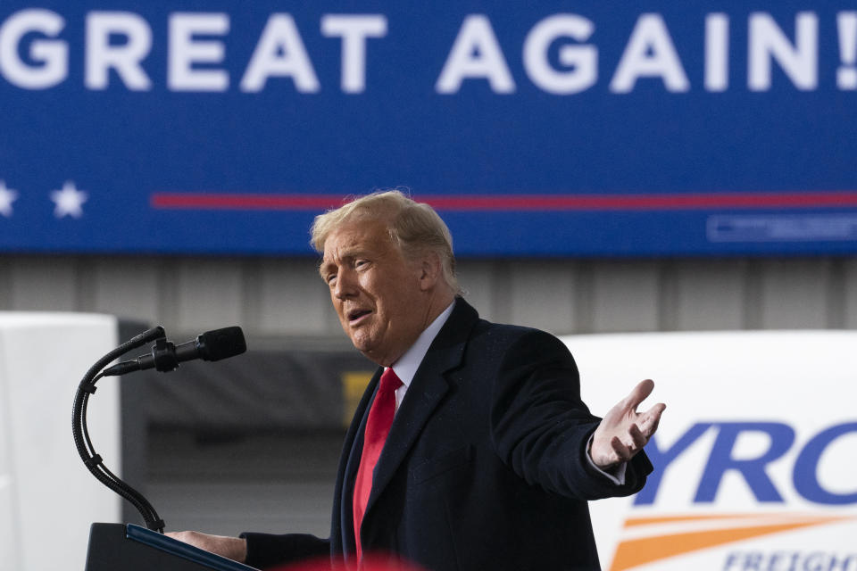 President Donald Trump speaks at a campaign rally at HoverTech International, Monday, Oct. 26, 2020, in Allentown, Pa. (AP Photo/Alex Brandon)