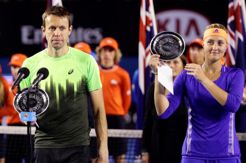 Nestor and Mladenovic fell one win short of defending their Australian Open mixed-doubles title. (AP Photo/Rob Griffith)