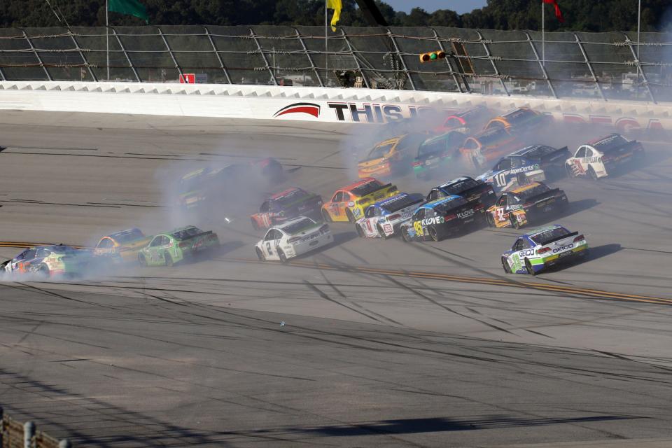 A pack of 17 cars wreck in Turn 3 during the 2017 Alabama 500 at Talladega Superspeedway.