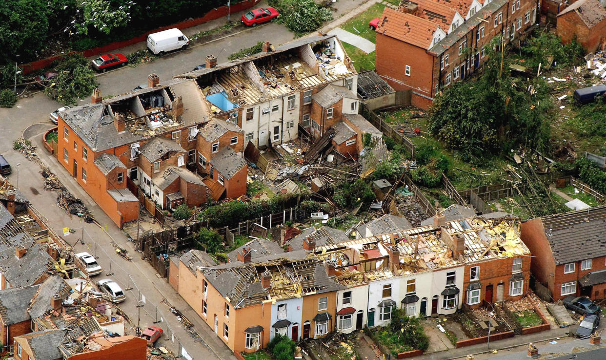 The scene from the air of Alder Street, Sparkbrook, Birmingham, after a tornado in 2005. (Getty)