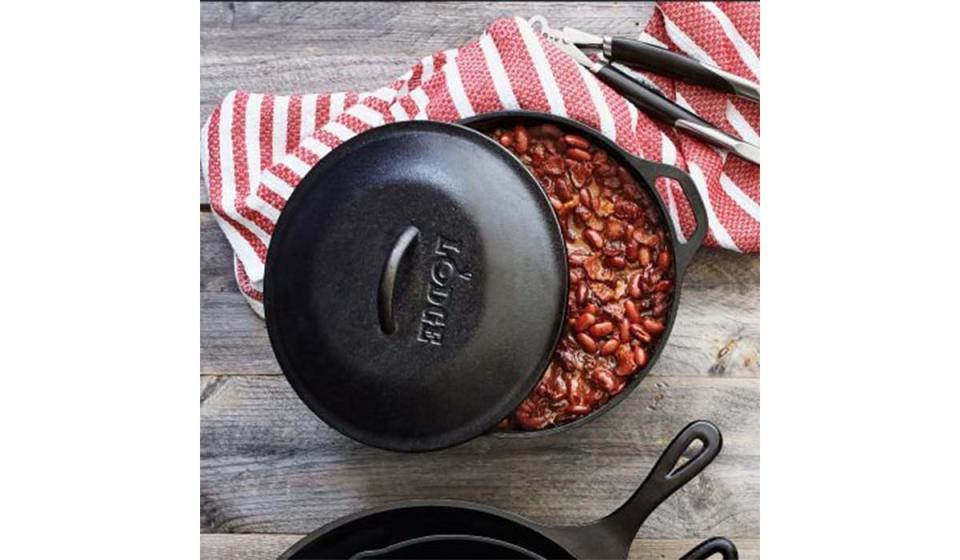 This cast iron Dutch oven can be used in the oven or on a grill or campfire.