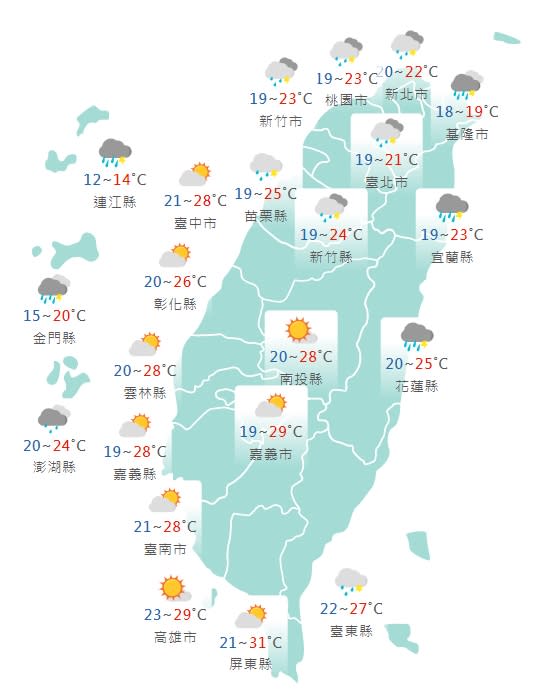 各縣市氣溫預報。（圖／中央氣象局）