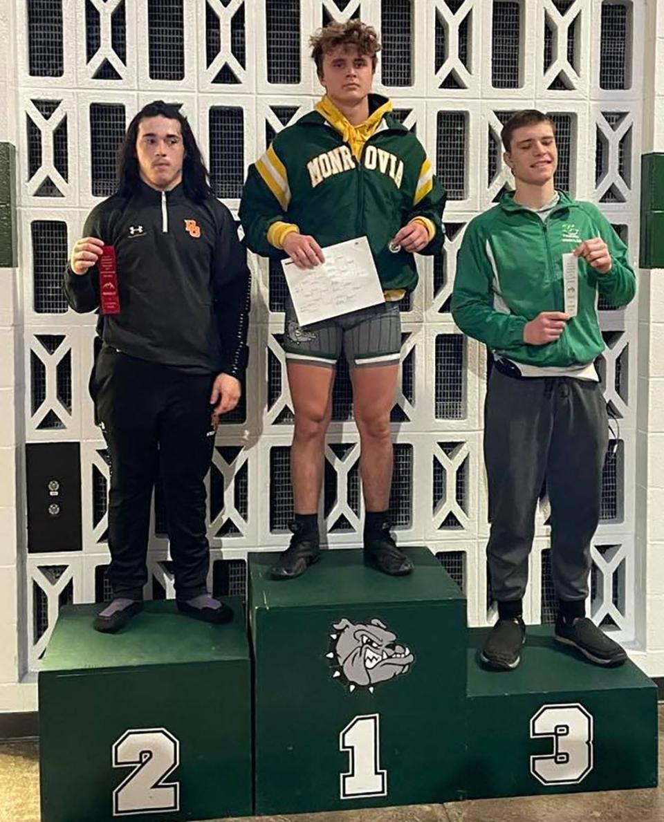 Monrovia senior Brady Denny finished first in the 170-pound class at the Indiana Crossroads Conference tournament on Saturday, Jan. 15, 2021.