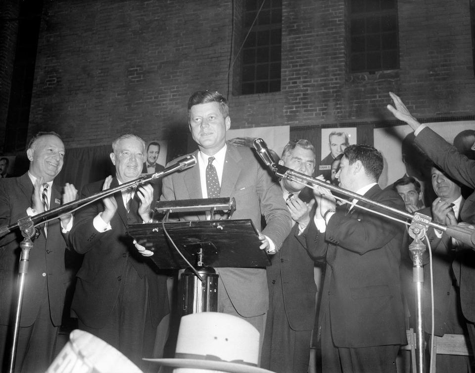 The presidential campaign of Democratic candidate John F. Kennedy, seen here appearing at the Teaneck Armory in Teaneck, N.J., on November 6, 1960.