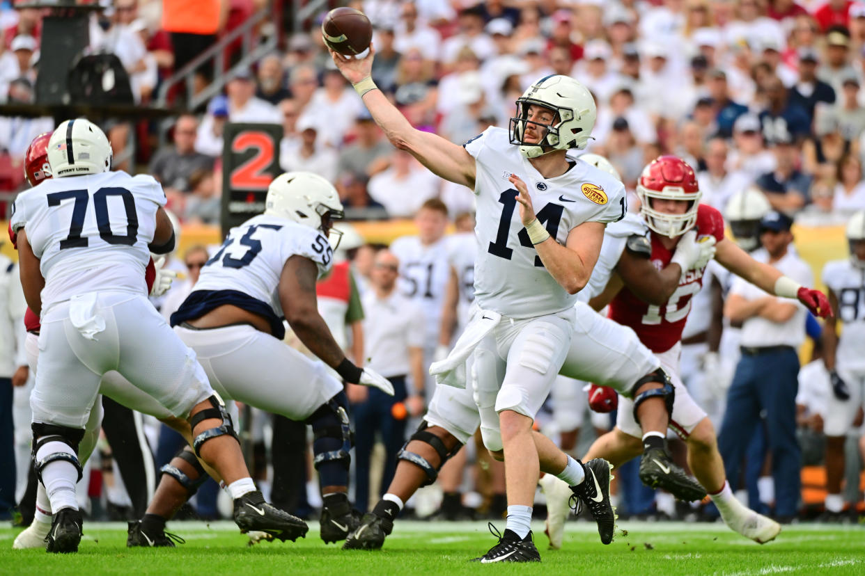 Penn State QB Sean Clifford throws a pass during the Outback Bowl on Jan. 1. (Julio Aguilar/Getty Images)