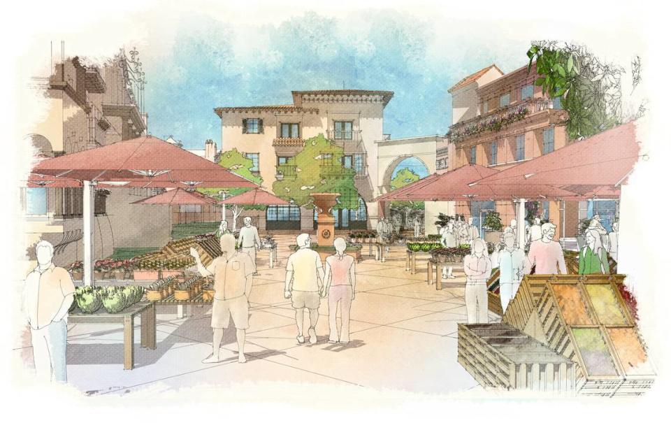 A rendering of the farmers market at the proposed Villaggio senior living project. The project has since been canceled.