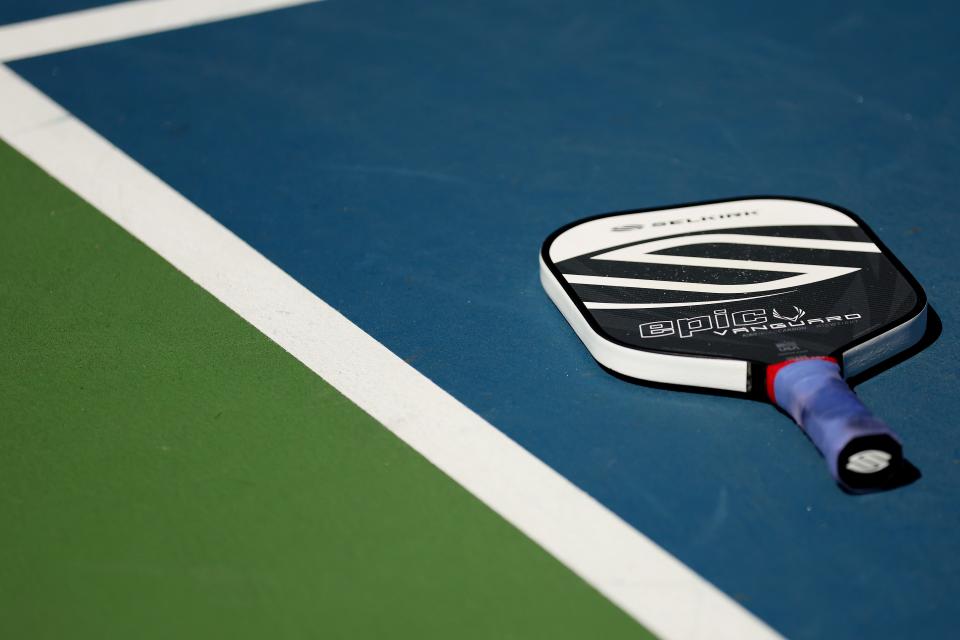 A detail of a pickleball paddle as players compete in the Amateur Men's Doubles during the APP Chicago Open at Danny Cunniff Park on August 31, 2022 in Highland Park, Illinois. (Photo by Michael Reaves/Getty Images)