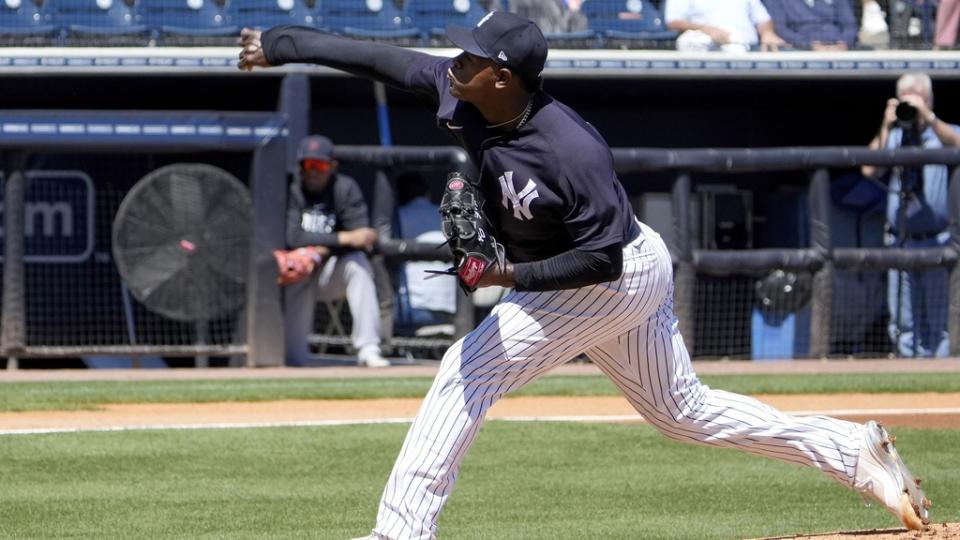 Mar 21, 2023;  Tampa, Florida, USA;  New York Yankees starting pitcher Luis Severino (40) throws a pitch against the Detroit Tigers during the first inning at George M. Steinbrenner Field.