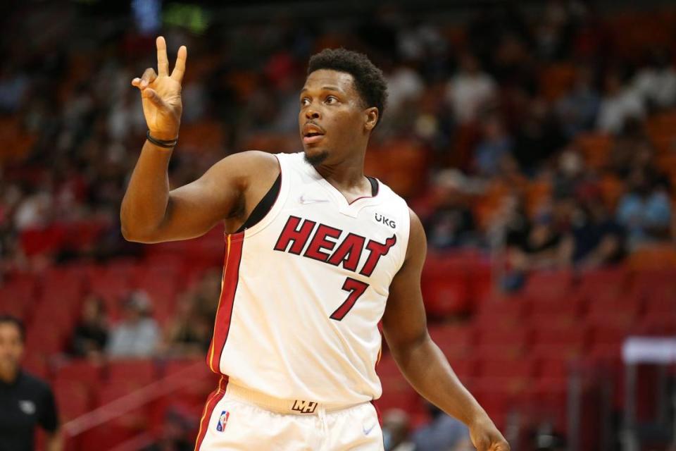 Miami Heat guard Kyle Lowry (7) signals during a game against the Boston Celtics at FTX Arena in Miami on Friday, October 15, 2021.