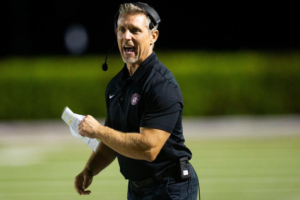 First Baptist Academy's head coach Billy Sparacio yells during the Class 2A regional football semifinals between Seffner Christian and First Baptist on Friday, Nov. 19, 2021 at First Baptist Academy in Naples, Fla. 