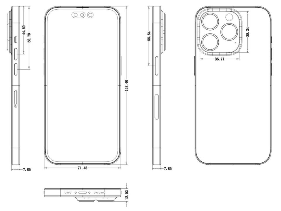 iPhone 14 Pro design schematics with dimensions. - Credit: Twitter