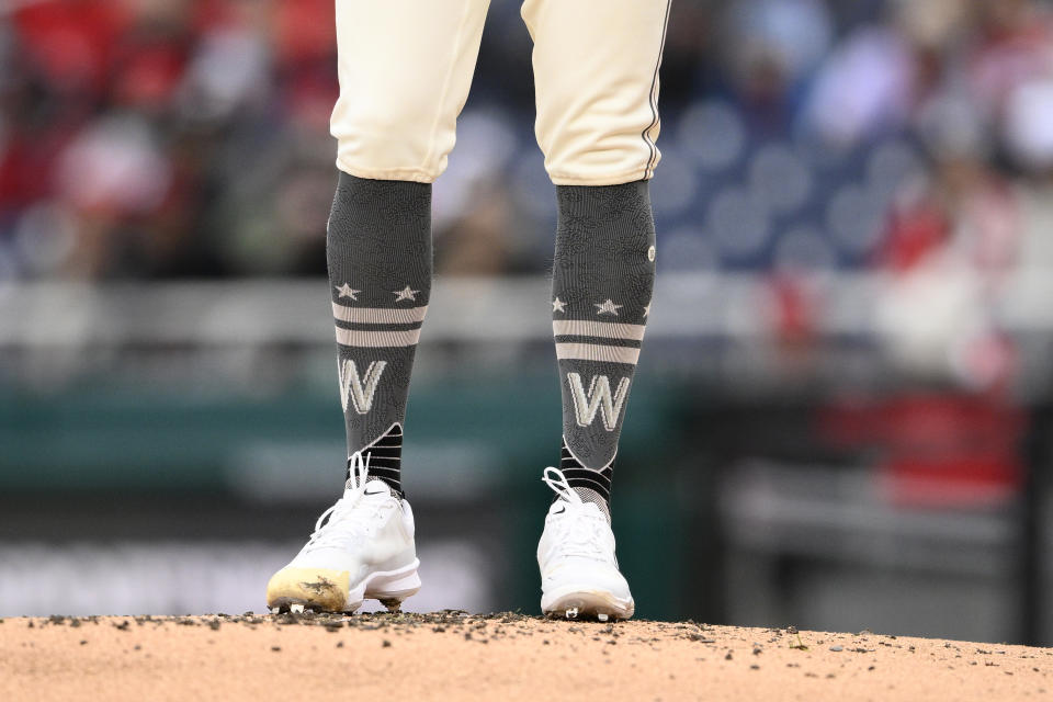 Washington Nationals pitcher Jake Irvin stands on the mound during the second inning of a baseball game against the Philadelphia Phillies, Saturday, April 6, 2024, in Washington. (AP Photo/Nick Wass)