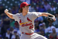 St. Louis Cardinals starting pitcher Jake Woodford throws against the Chicago Cubs during the first inning of a baseball game in Chicago, Sunday, Sept. 26, 2021. (AP Photo/Nam Y. Huh)