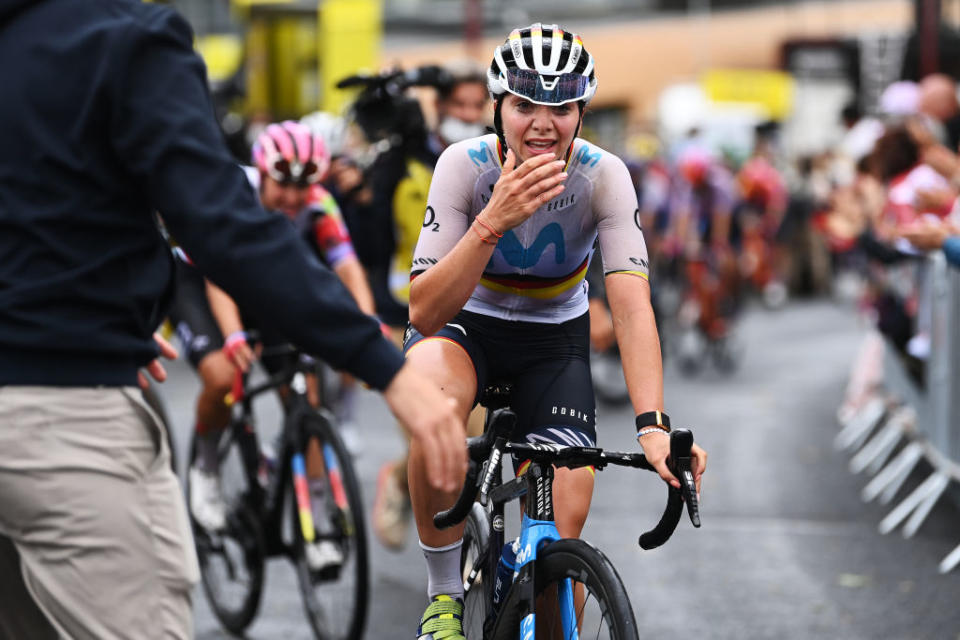 MAURIAC FRANCE  JULY 24 Stage winner Liane Lippert of Germany and Movistar Team reacts after the 2nd Tour de France Femmes 2023 Stage 2 a 1517km stage from ClermontFerrand to Mauriac  UCIWWT  on July 24 2023 in Mauriac France Photo by Tim de WaeleGetty Images