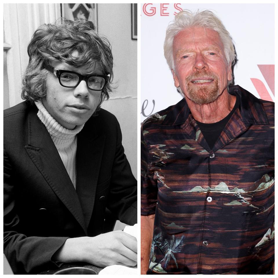 side-by-side image of Virgin Group founder Richard Branson in 1969 and 2023