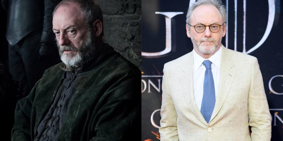 <p>From left: Cunningham as Davos Seaworth in Season 8; Cunningham at the <em>GoT</em> Season 8 premiere on April 3, 2018. </p>