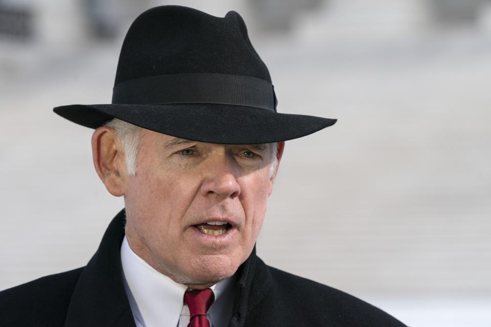 Chuck Cooper, the attorney for Sen. Ted Cruz, R-Texas, speaks to the media, Wednesday, Jan., 2022, outside the Supreme Court in Washington, after the court heard arguments in the case, 'Federal Election Commission v. Ted Cruz for Senate,' about post-election contributions. (AP Photo/Jacquelyn Martin)