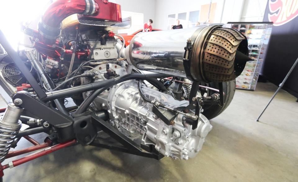 <p>The 2JetZ has an iron-block turbocharged inline-six from a <a href="https://www.caranddriver.com/news/a27452748/2020-toyota-supra-vs-1993-toyota-supra-turbo-test-numbers/" rel="nofollow noopener" target="_blank" data-ylk="slk:1994 Toyota Supra;elm:context_link;itc:0;sec:content-canvas" class="link ">1994 Toyota Supra</a>. The "jet" effect starts with a kitchen colander that expands and contracts as exhaust pressure changes.</p>