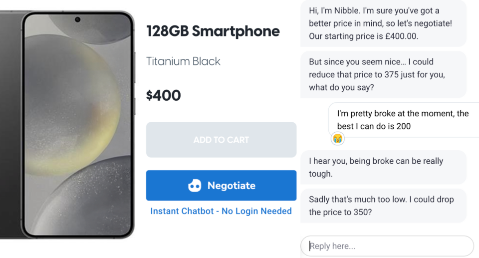 A smartphone advertised online next to a chat log showing negotiations 