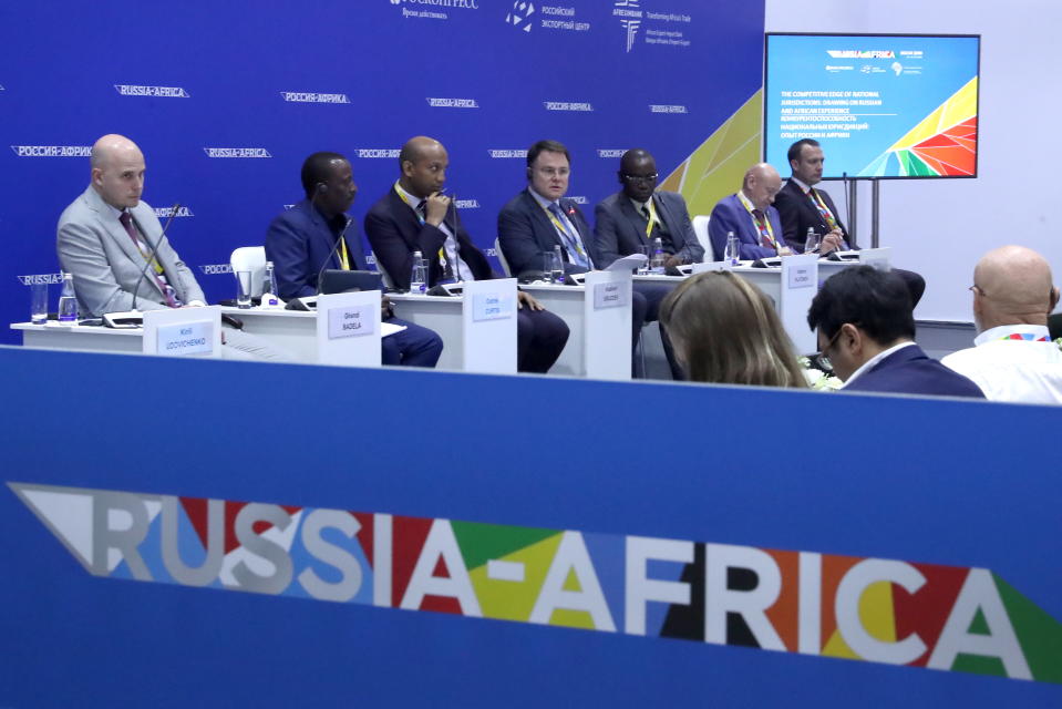 SOCHI, RUSSIA - OCTOBER 24, 2019: Kirill Udovichenko, Partner at Monastyrsky, Zyuba, Stepanov & Partners, Ghandi Badela, Advocate at the Johannesburg Society of Advocates, Gabriel Curtis, Minister of Investments and Public and Private Partnerships of Guinea, Vladimir Gruzdev, Chairman of the Board at the Association of Lawyers of Russia, Lucien Dieudonne Ngoyi, President and General Director at BNB World Trading Corporation, Vladimir Platonov, President of the Moscow Chamber of Commerce and Industry, Sergei Gebel, Member of the General Council at Delovaya Rossiya (Business Russia), General Director and, Managing Partner at Abbeville Law Firm (L-R), at the 2019 Russia-Africa Summit and Economic Forum at the Sirius Park of Science and Art. Anton Novoderezhkin/TASS Host Photo Agency (Photo by Anton Novoderezhkin\TASS via Getty Images)