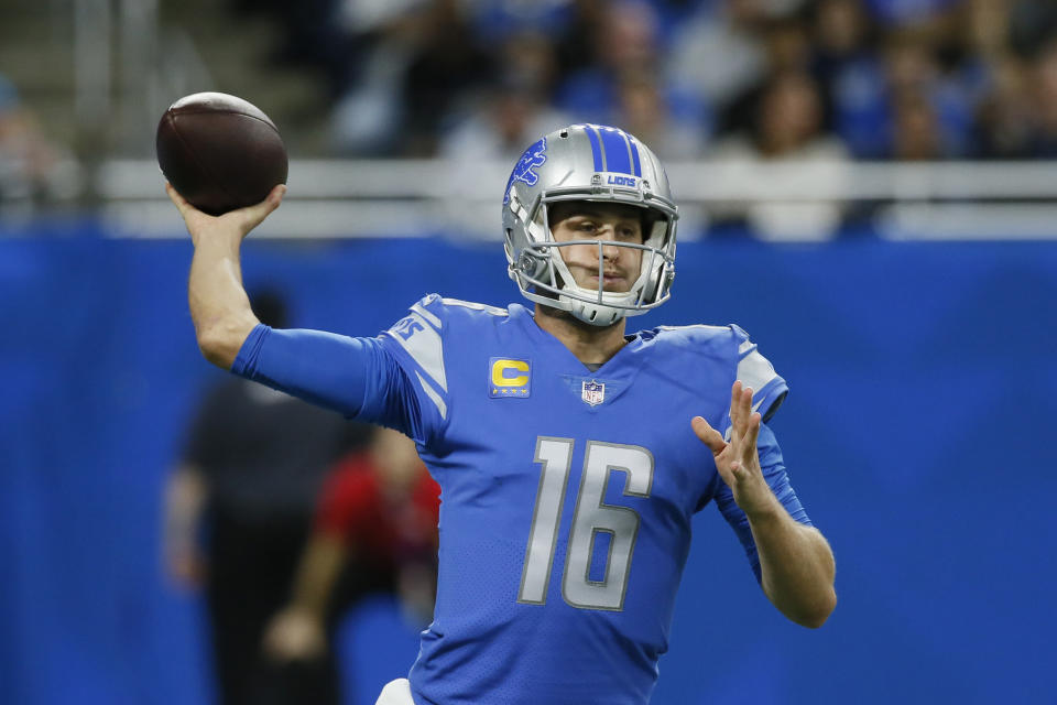 Detroit Lions quarterback Jared Goff throws during the first half of an NFL football game against the Green Bay Packers, Sunday, Nov. 6, 2022, in Detroit. (AP Photo/Duane Burleson)