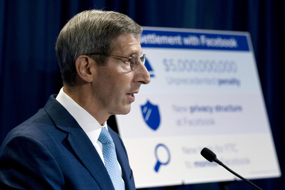 Federal Trade Commission FTC Chairman Joe Simons speaks during a news conference about Facebook settlement at FTC headquarters in Washington, Wednesday, July 24, 2019. (AP Photo/Jose Luis Magana)