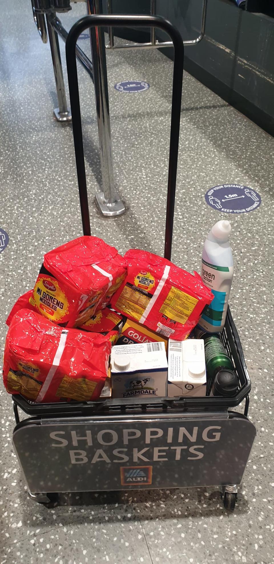 Aldi shopping basket holder transformed into makeshift trolley