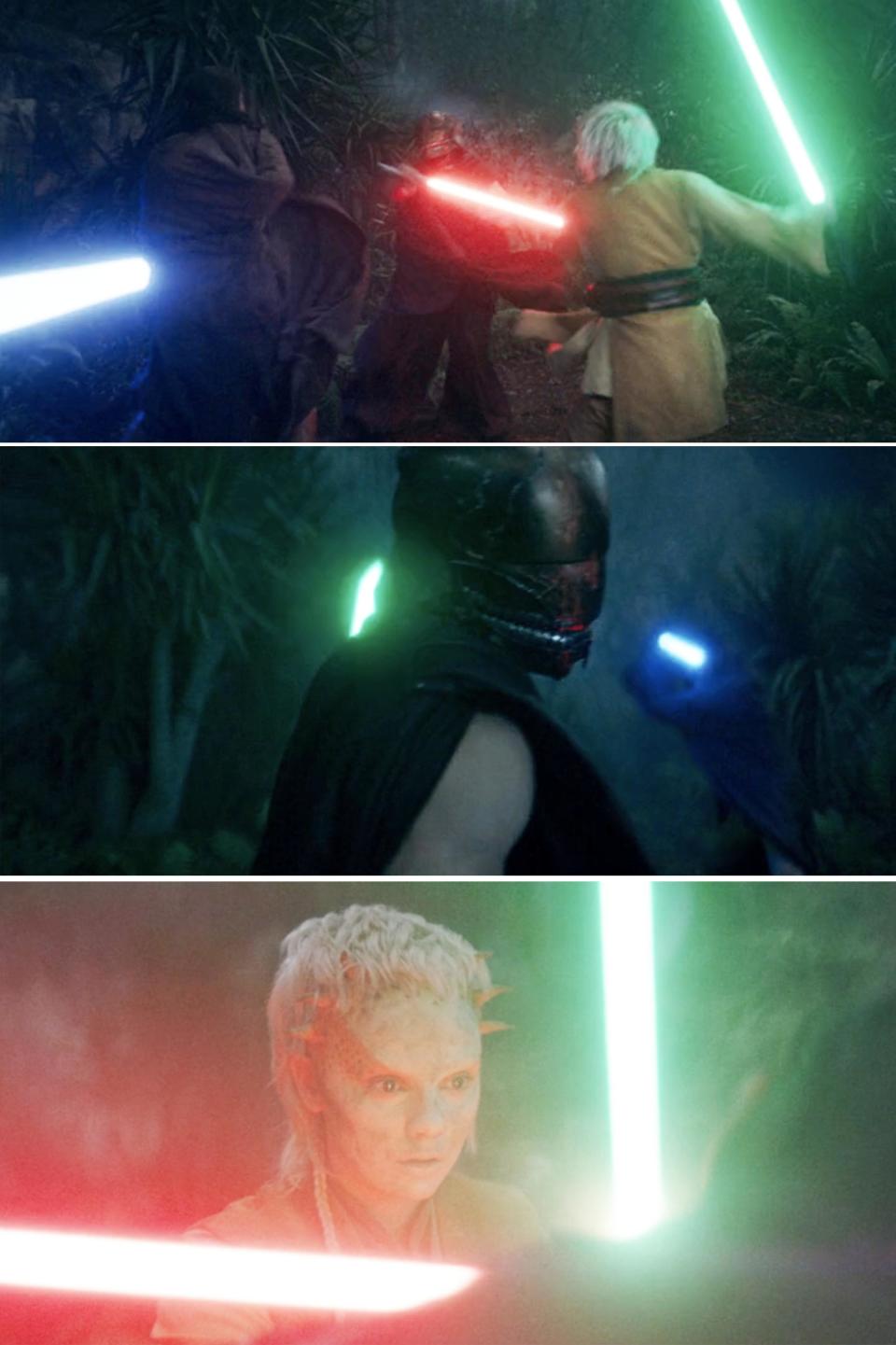 Three scenes from a Star Wars duel with characters wielding lightsabers. The top image shows a multi-character battle, the middle one focuses on a masked character, and the bottom one features an unmasked character with white hair