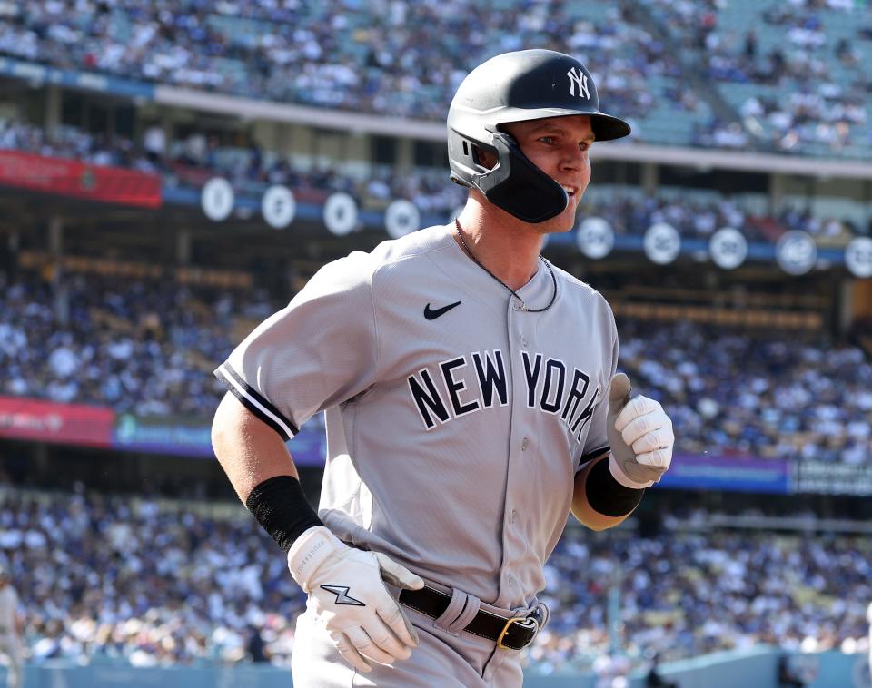 Jake Bauers reacts to his two-run home run against the Los Angeles Dodgers at Dodger Stadium on June 3, 2023.