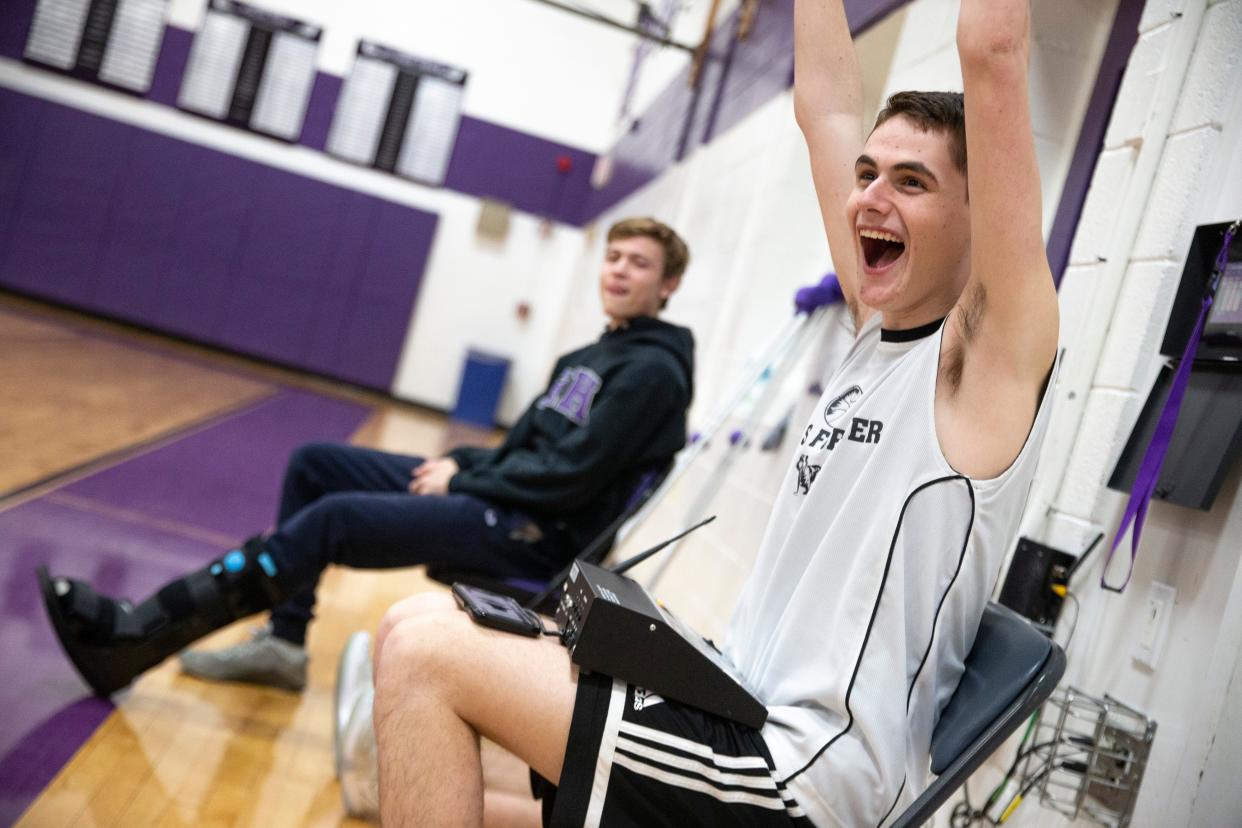 Rumson-Fair Haven High School boys basketball manager Matt "Matty Cools" Newman, who has autism, leads the team through some fun games and exercises during the first half of practice.       
Rumson, NJ
Friday, February 11, 2022
