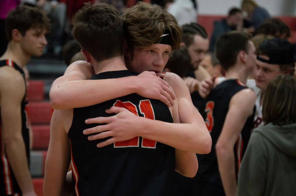 Comet seniors TJ Berlin and Jaxson Phifer realize their time as Jonesville basketball teammates has come to an end.