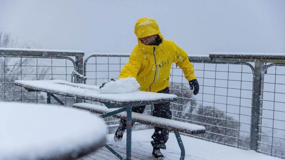 Snow falling on Tuesday at Thredbo. Picture: Supplied